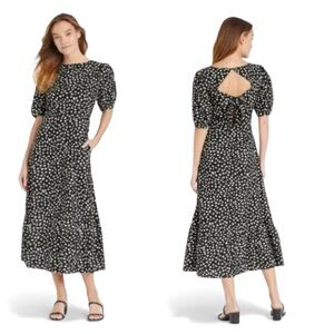 Who Wear What Black Ivory Polka Dot Puff Sleeve Romantic Midi Dress Linen Sz Med